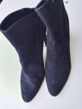 Russell & Bromley Mod Squad Black Suede Ankle Boots, gold heel Size 9 / 40.5